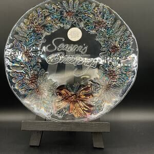 Rainbow Mist Indiana Glass Christmas Seasons Greetings Wreath Platter 13.5”
